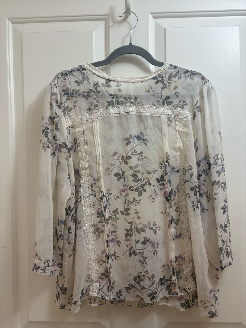 Sheer Cream Floral Lace-Trim Blouse - Picture 1 of 3